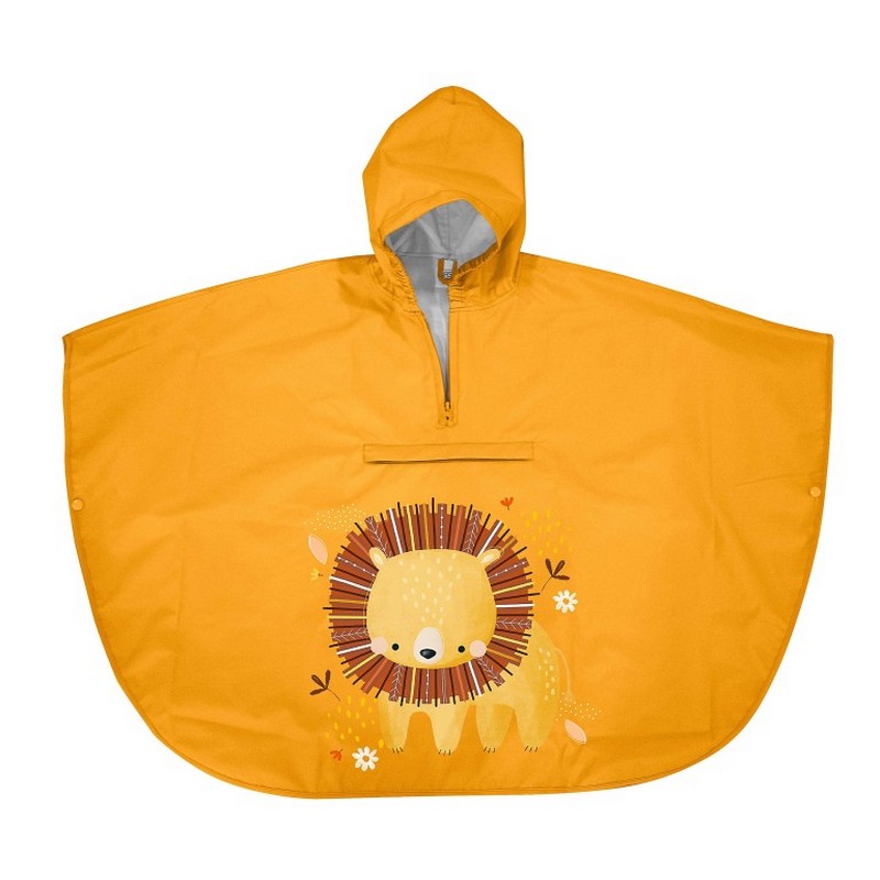 Poncho impermeabile giallo decorato con leone per bambini, facile da richiudere e da pulire